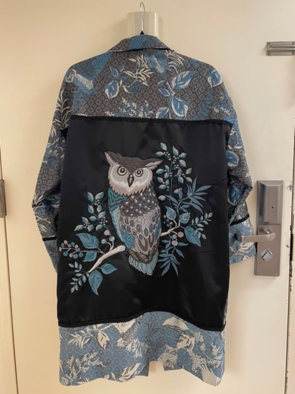 Rara Avis by Iris Apfel Owl Jacquard Quilted Duster Coat Jacket Blue Grey L